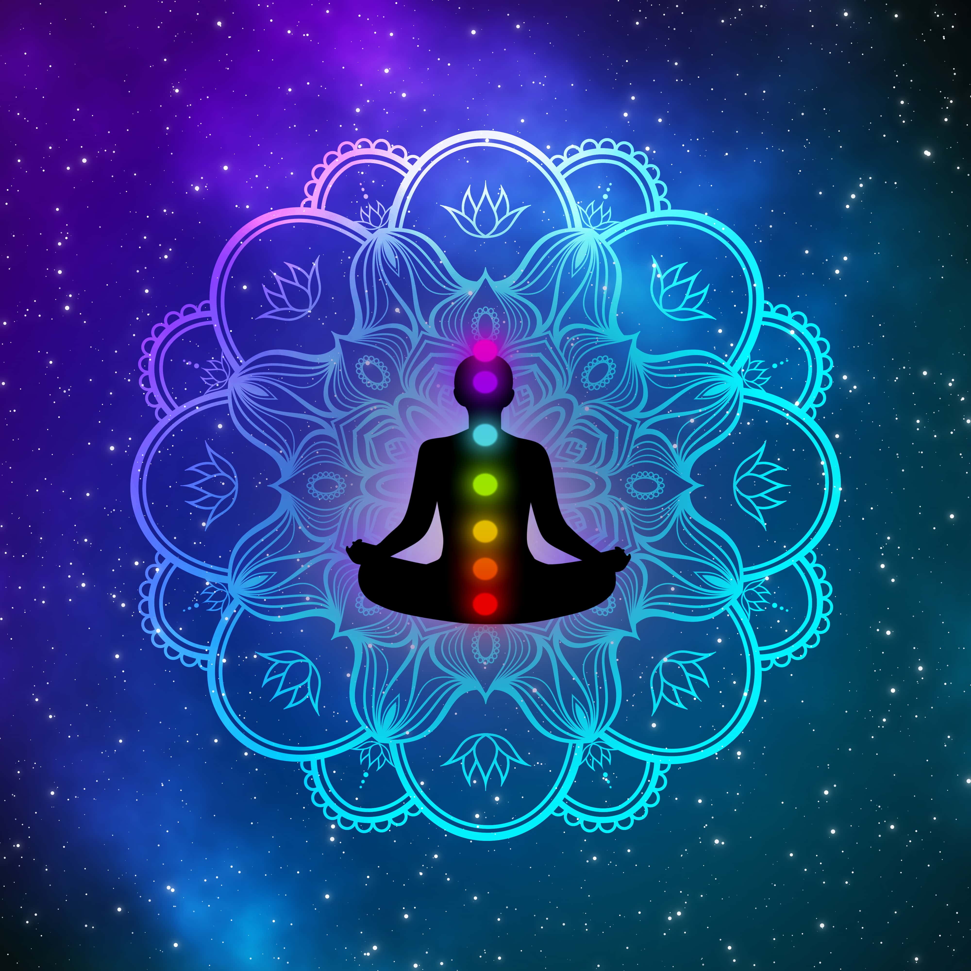 A silhouette of a person sitting with the chakras symbols overlapping them.